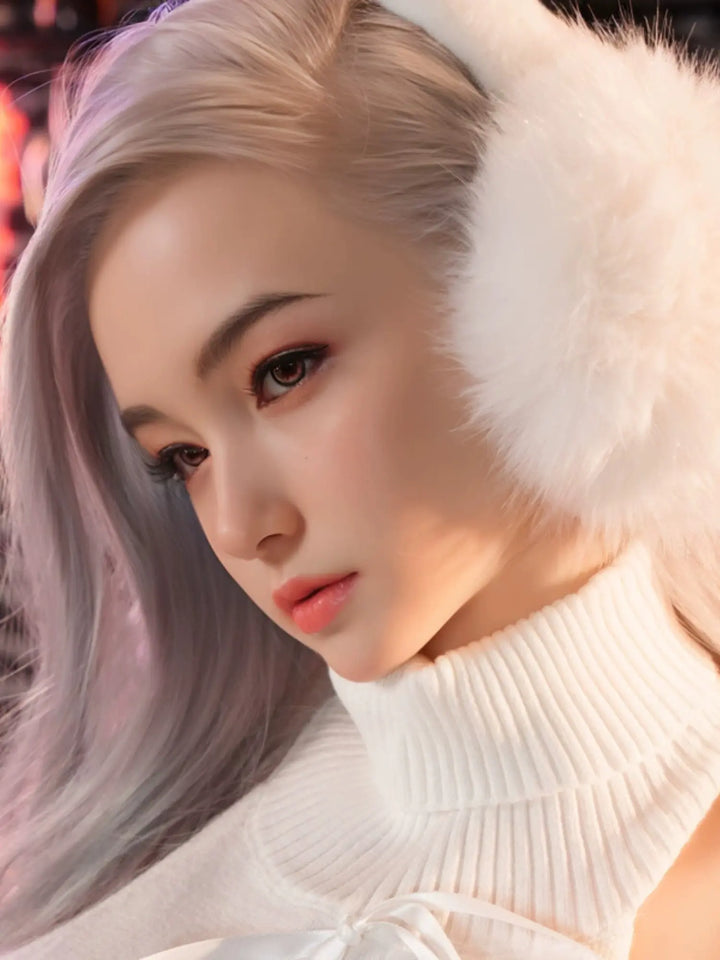 Close-up of Jinshan's AI companion doll with long silver hair and fluffy ear muffs, showcasing realistic facial details.