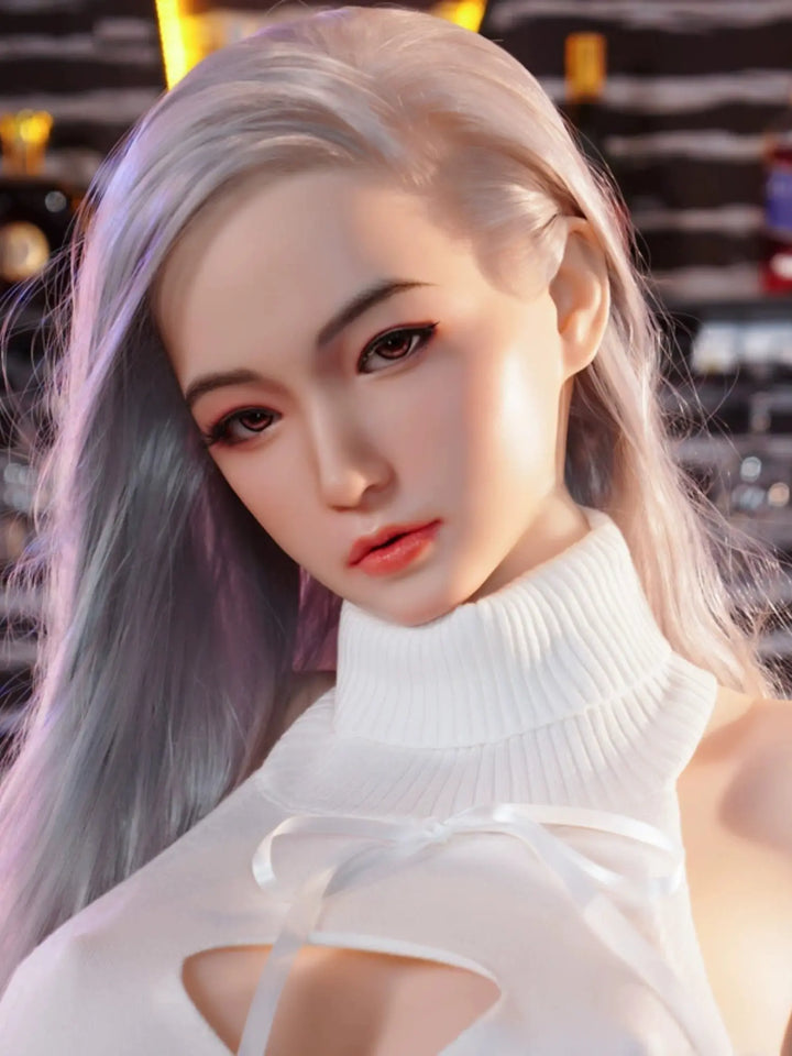 Close-up of Jinshan 163cm AI companion doll with E530 head sculpt, featuring soft S-TPE skin and stylish outfit.