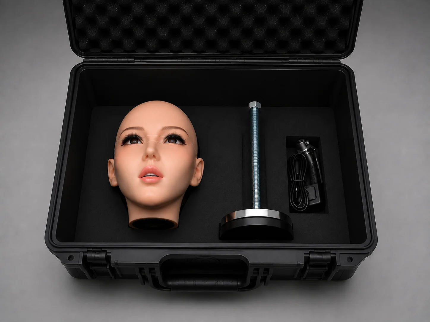 Third packaging layer with Feifei smart head, display stand and power adapter
