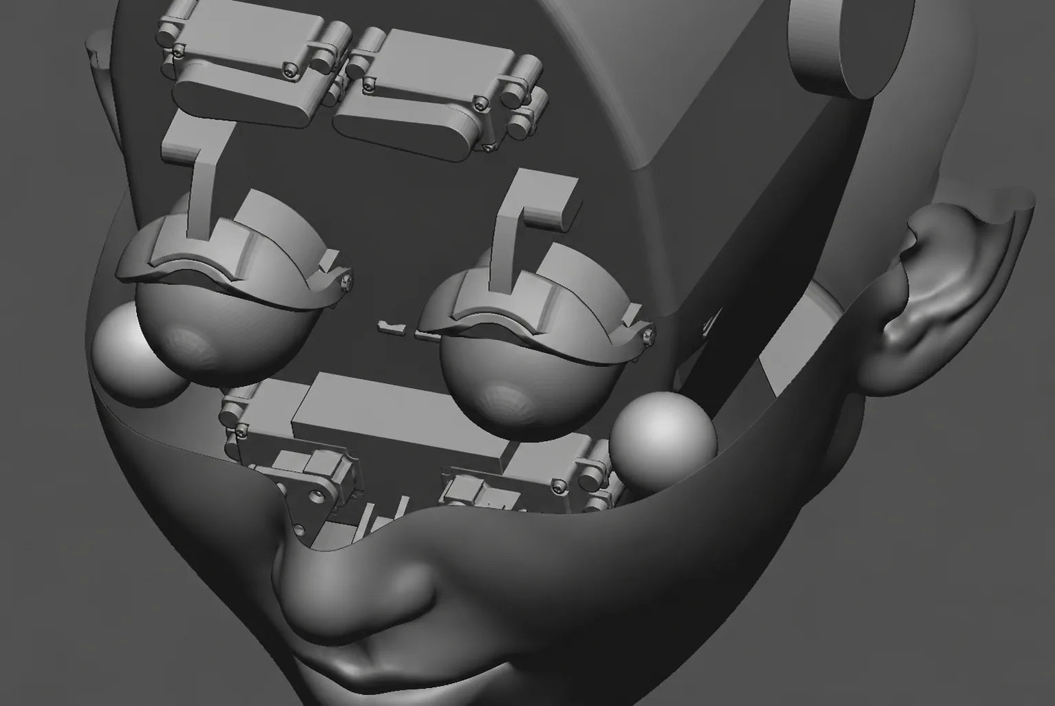 Front engineering view of a custom face skin fitted around the Feifei motion core