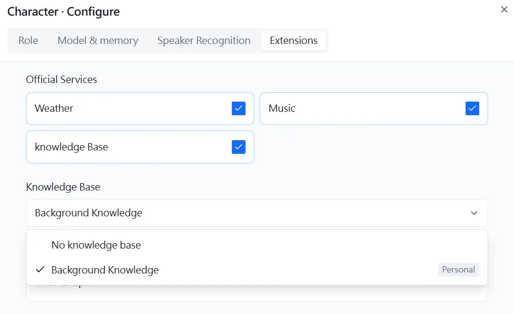 Character extensions and knowledge connection screen