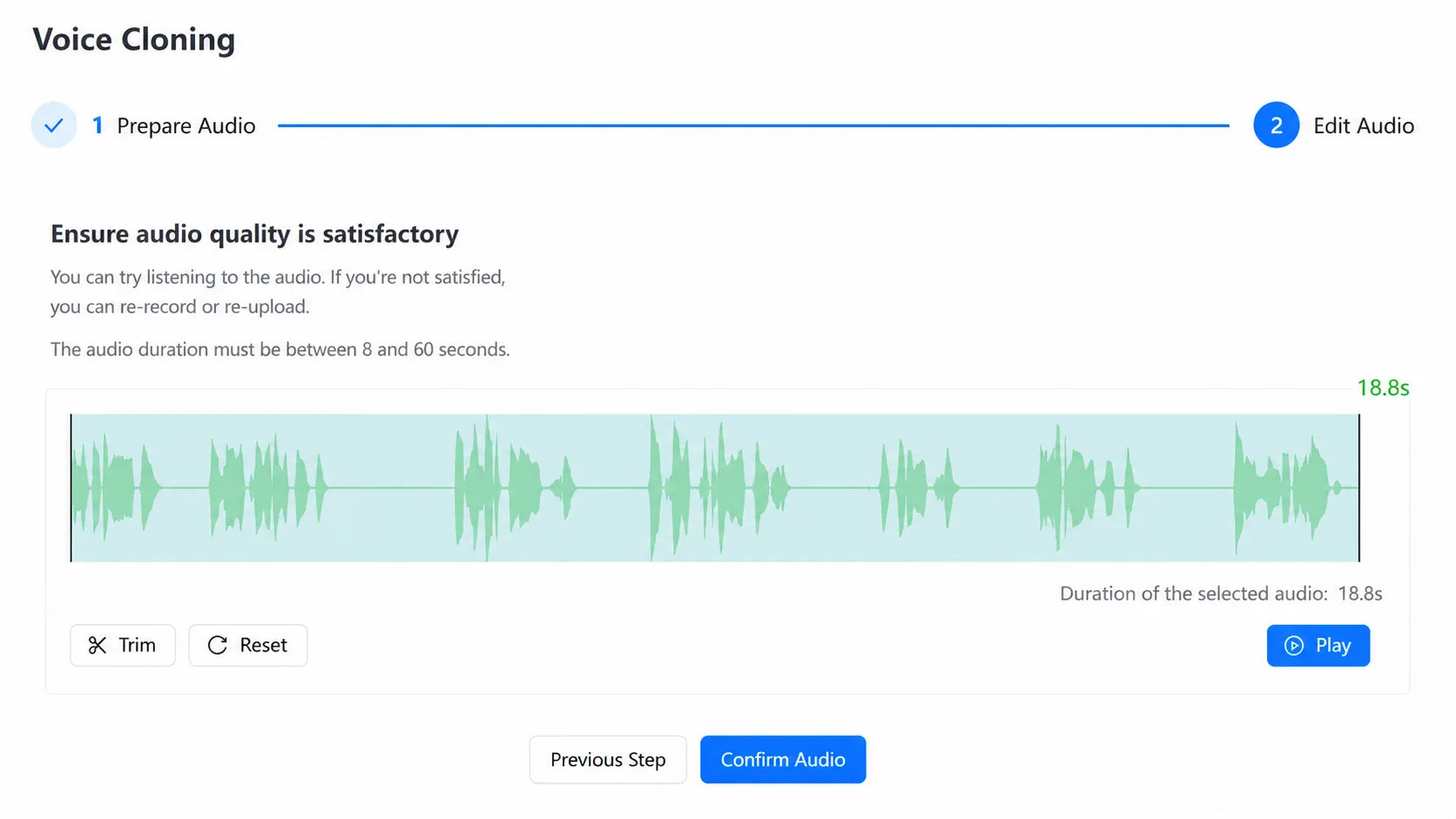 Voice cloning audio preparation screen